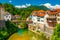 Cityscape of Å kofja Loka, Slovenia. View of the Capuchin Bridge over the SelÅ¡ka Sora River in the old city center